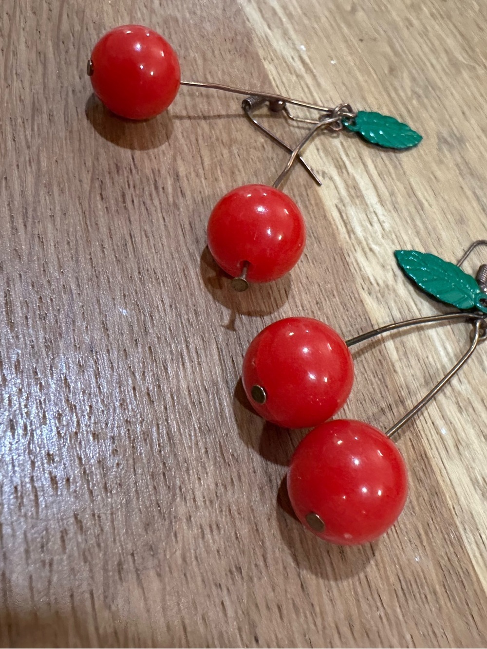 Red Cherry Drop Earrings with Green Leaf Accent